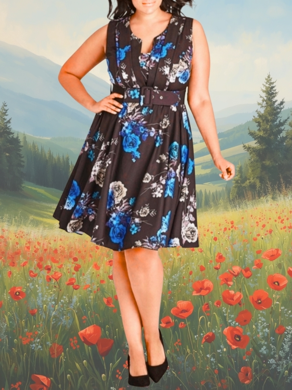City Chic - Slate Midi Dress with Blue Flowers NWT